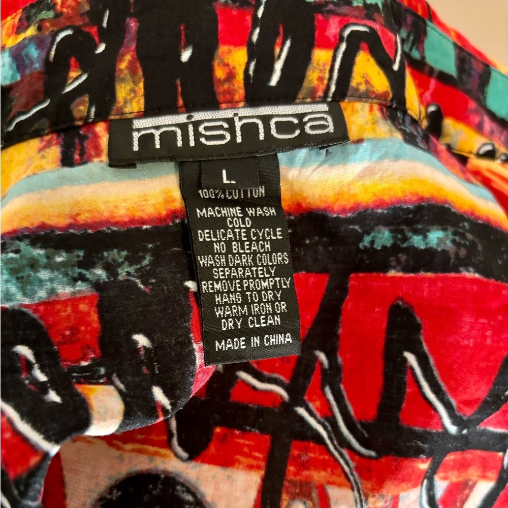 Mishca Tie Front Blouse Size Large Colorful Retro Funky - Picture 7 of 9